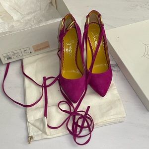 Charlotte Olympia Sabine suede perfect purple ankle wrap pump.